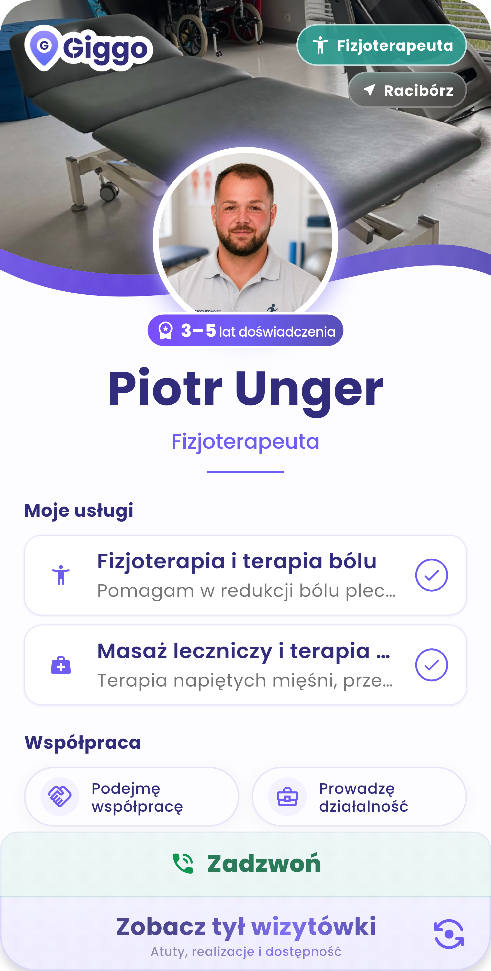 E‑wizytówka fizjoterapeuty Piotra w Giggo